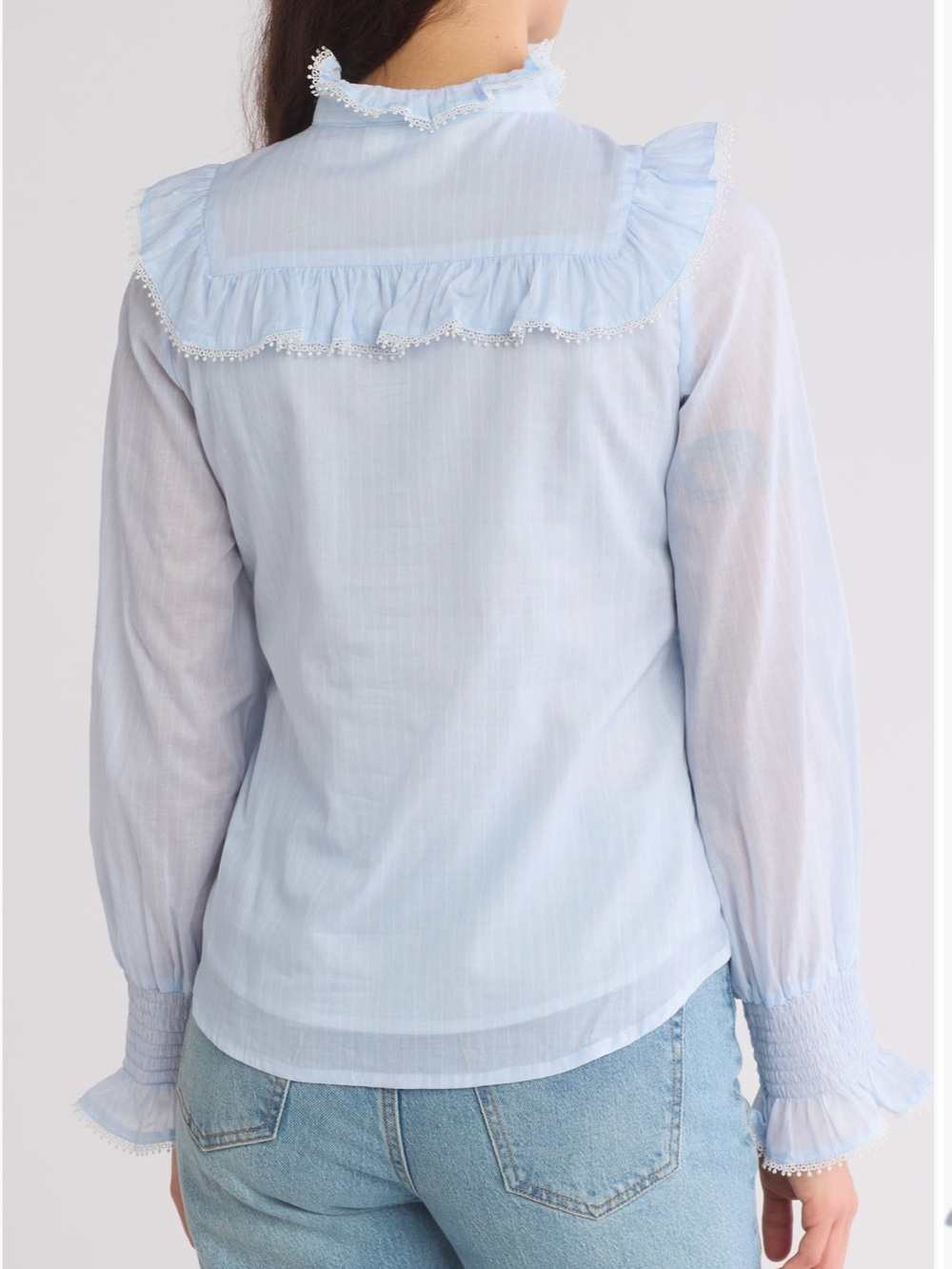 Light Blue Ruffle-Trim Button Front Womens Top - Picture 2 of 3
